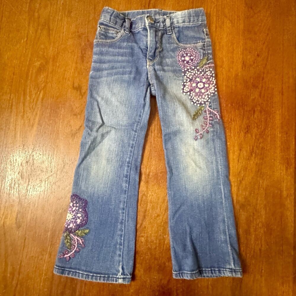 babyGap 1969 Girls Jeans Size 4 Floral Embroidered Denim Stretch Blue Pants